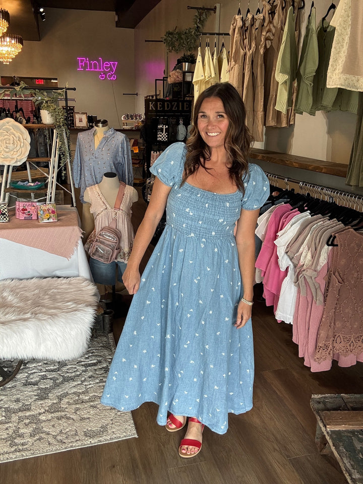 Denim Smocked Floral Midi Dress