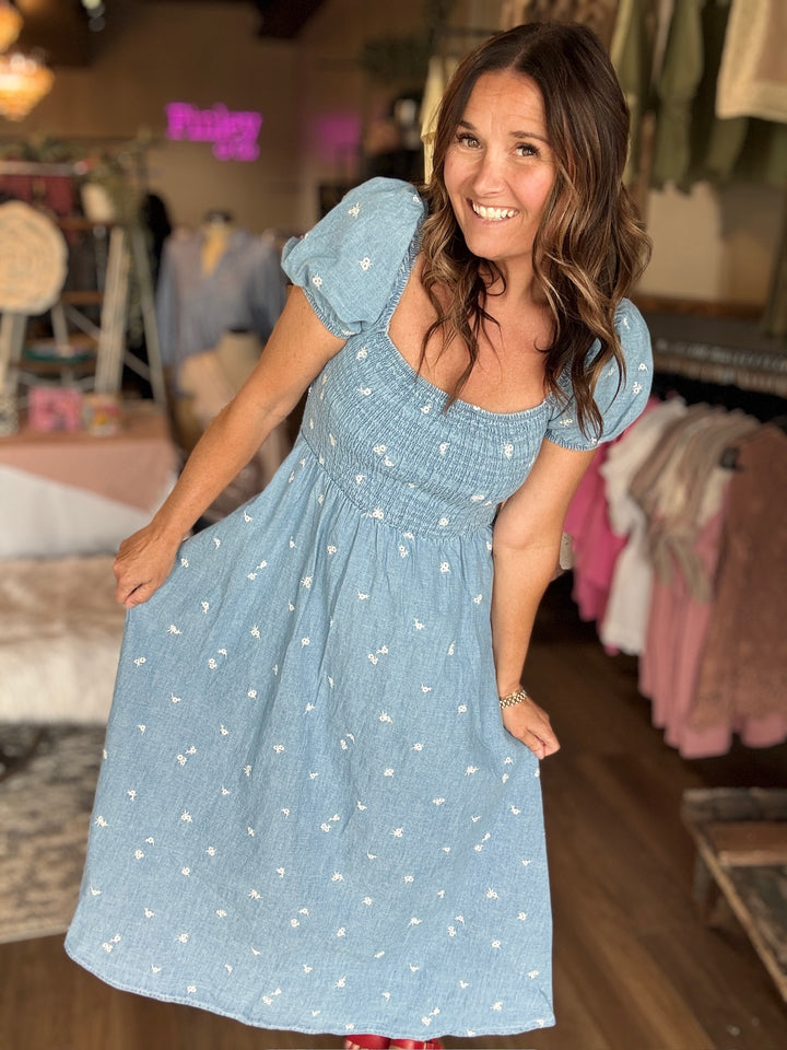 Denim Smocked Floral Midi Dress