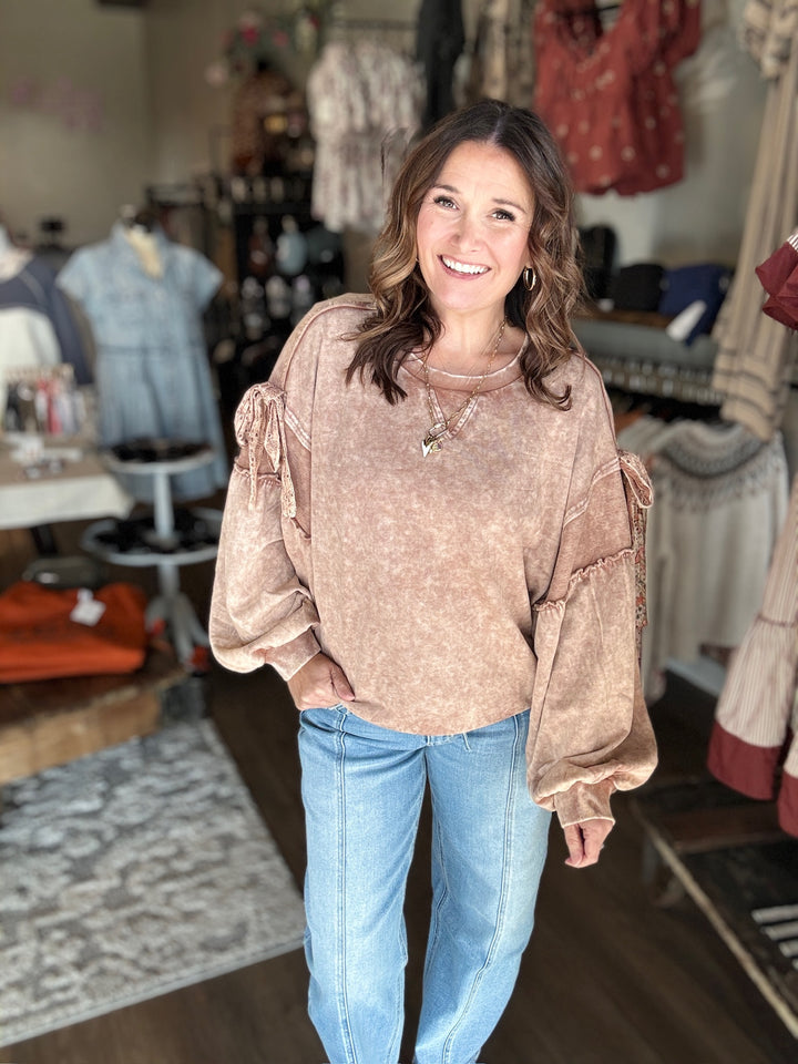 Mocha Brown Bow Sleeve Sweatshirt