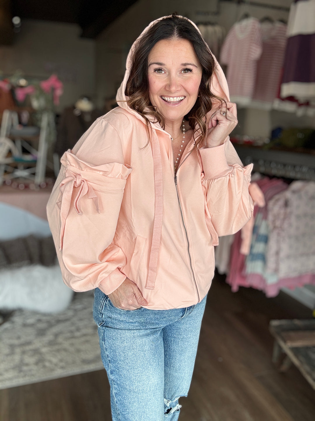 Blushing Bow Zip Up Sweatshirt