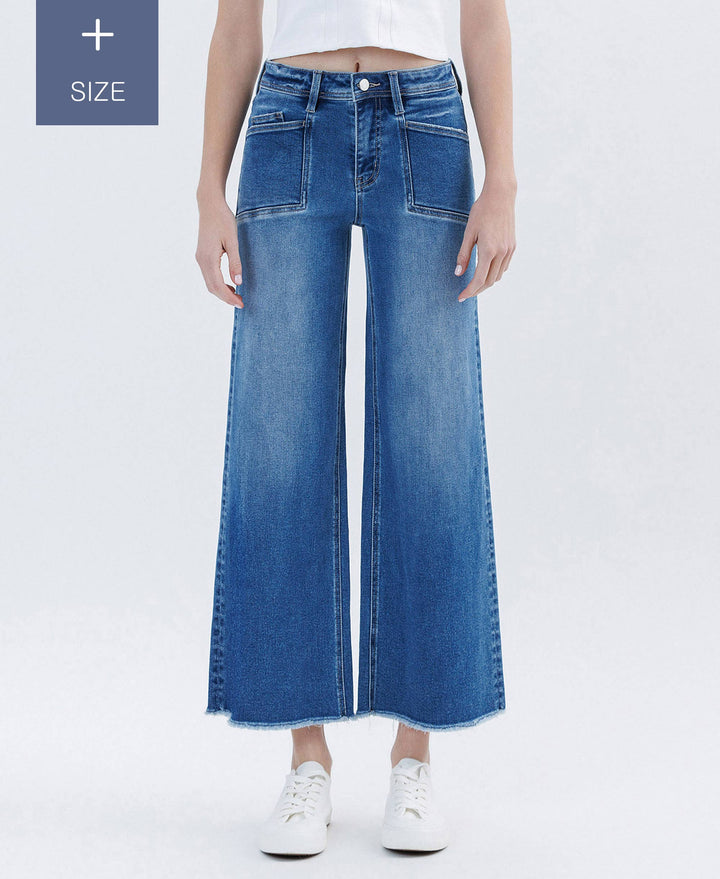 PLUS SIZE HIGH RISE RAW HEM ANKLE WIDE LEG JEANS LV1683-P