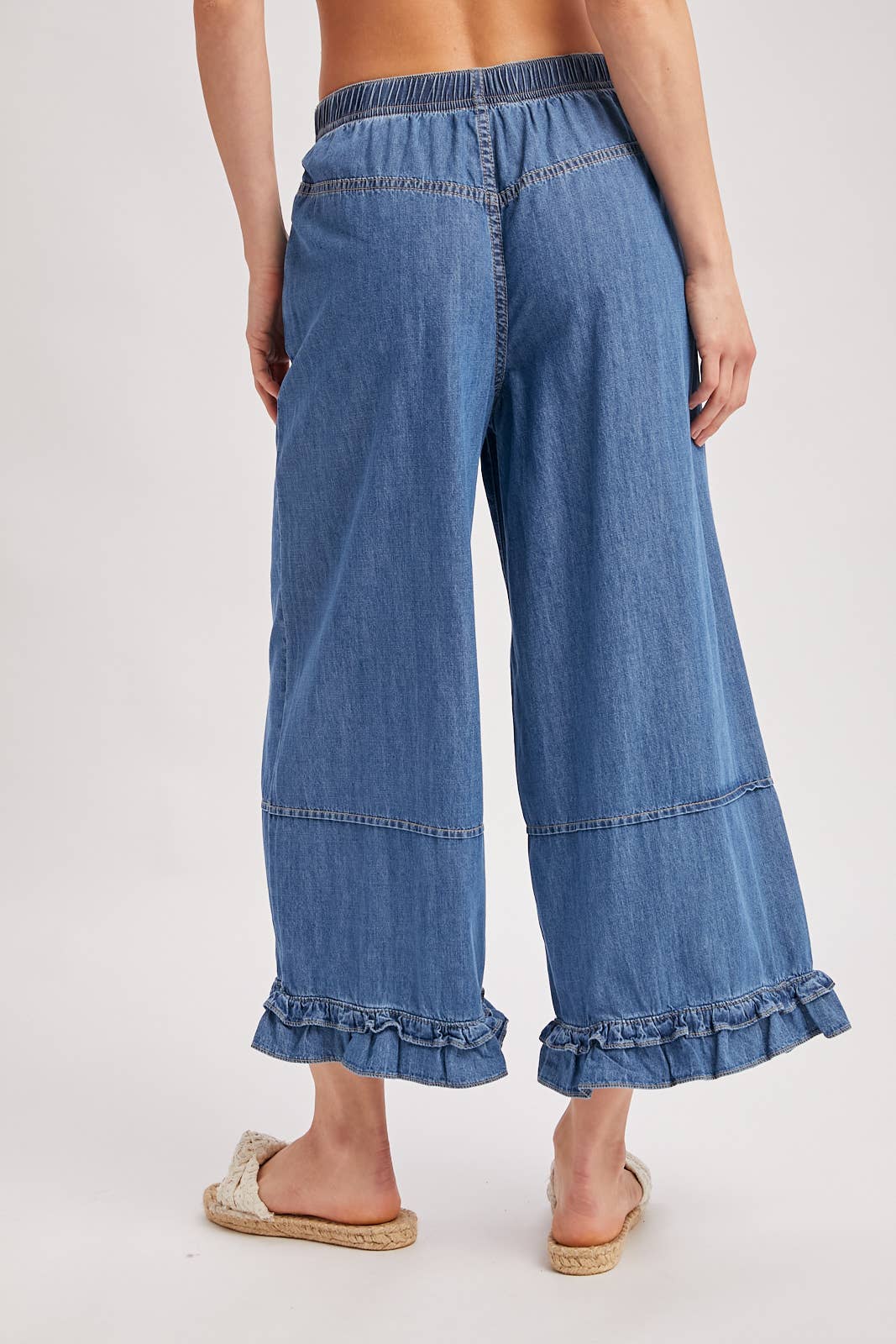 DENIM WIDE-LEG RUFFLED HEM BLOOMER JEANS