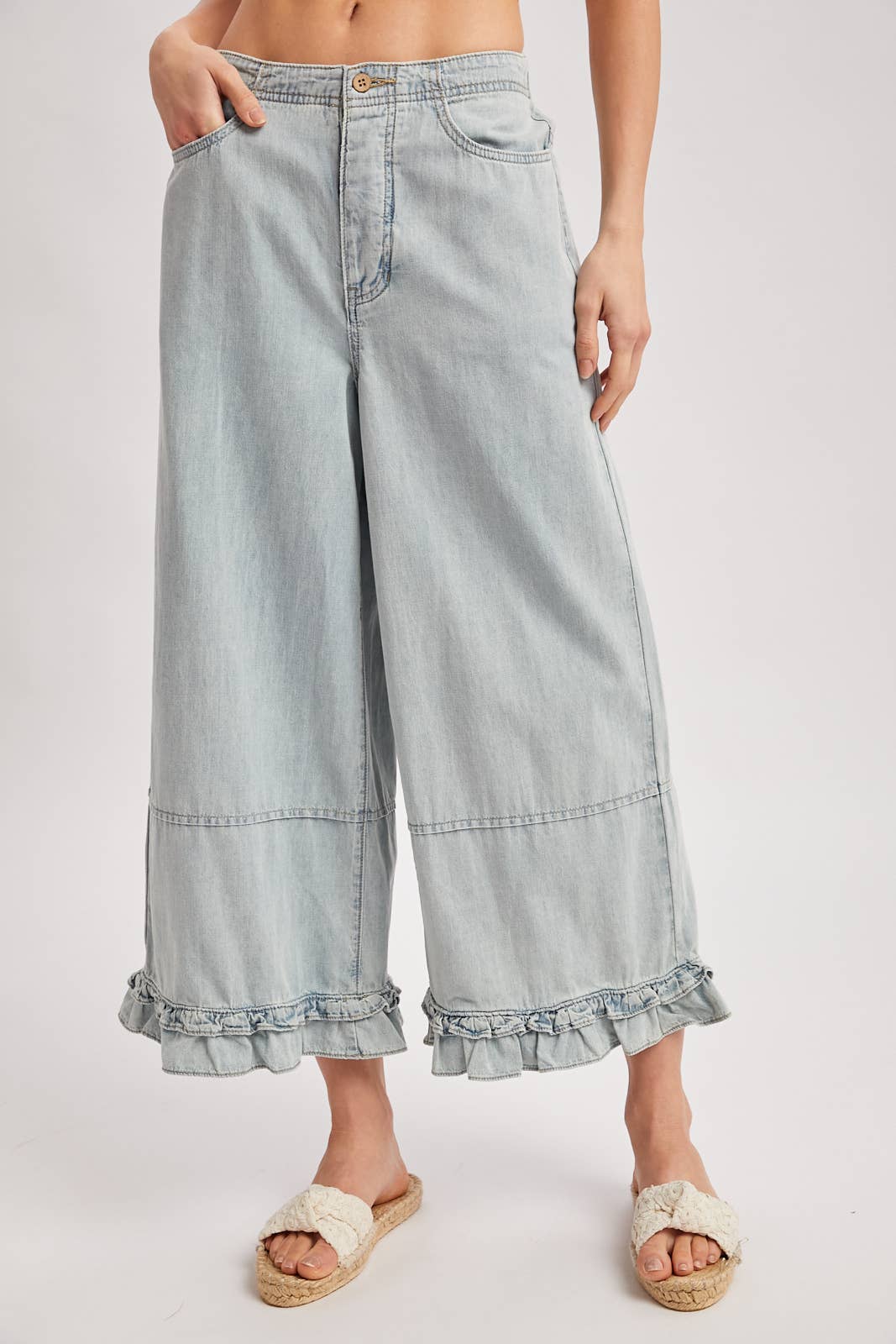 DENIM WIDE-LEG RUFFLED HEM BLOOMER JEANS