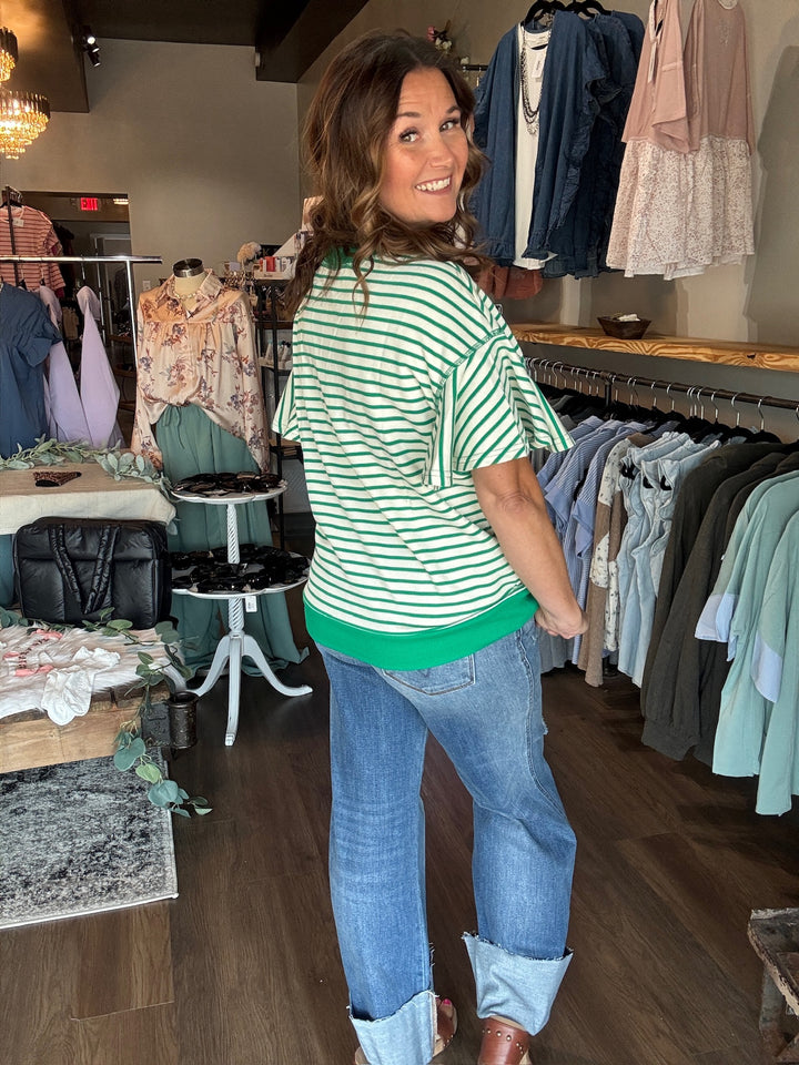 Green Striped Ruffle Sleeve Top
