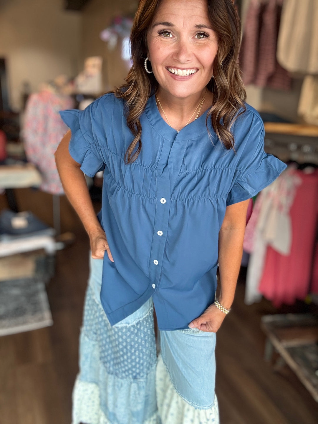 Blue Ruched Button Up Blouse