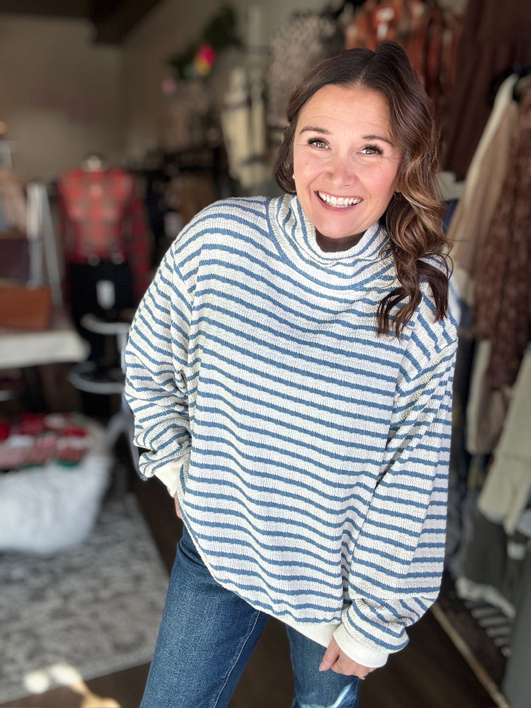 Mock Neck Blue Striped Sweatshirt