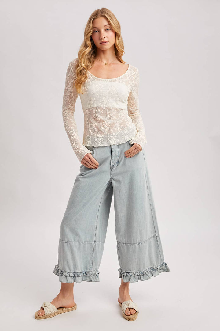 DENIM WIDE-LEG RUFFLED HEM BLOOMER JEANS