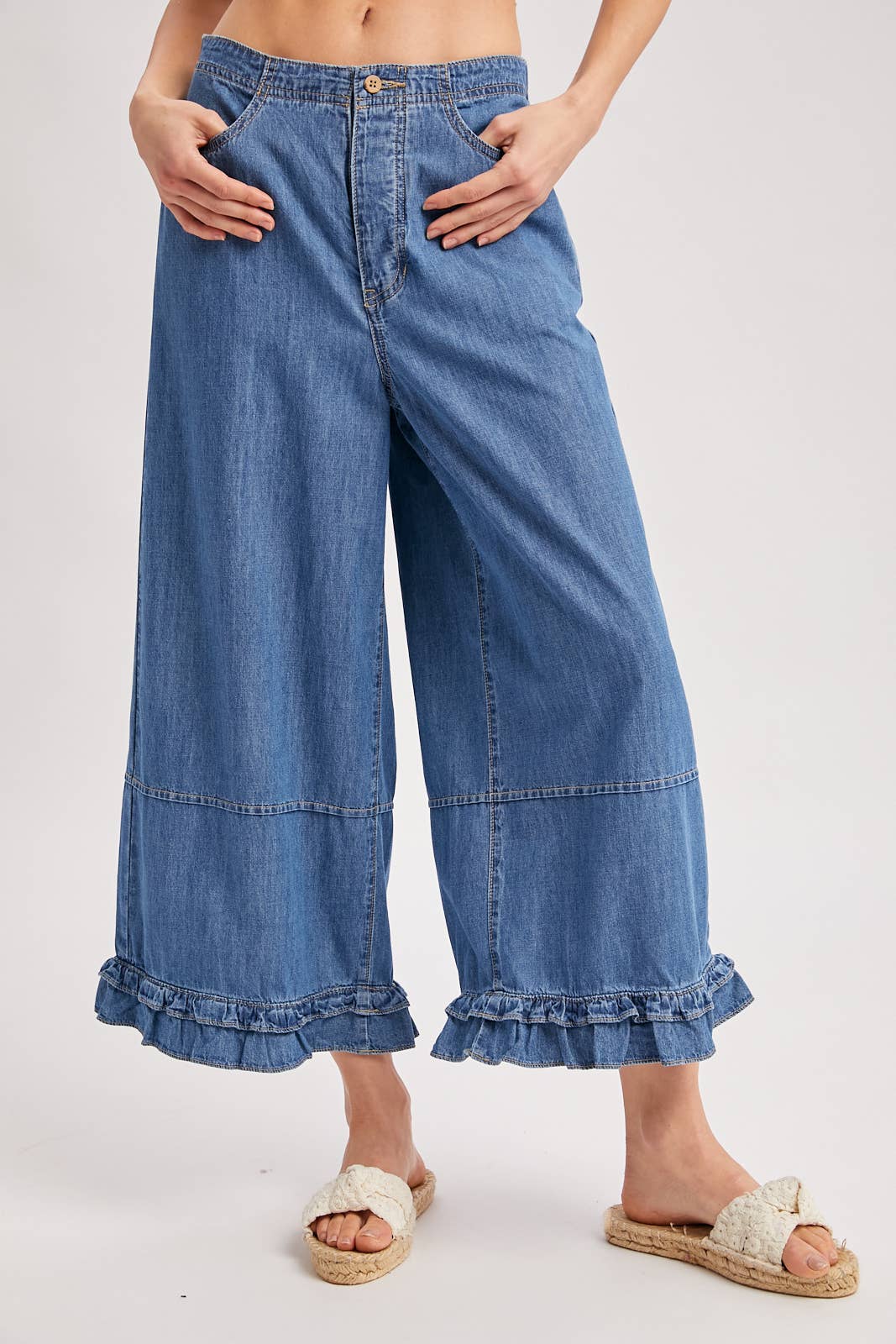 DENIM WIDE-LEG RUFFLED HEM BLOOMER JEANS