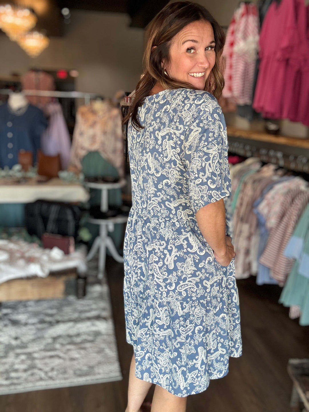 Blue Paisley Print Dolman Sleeve Dress