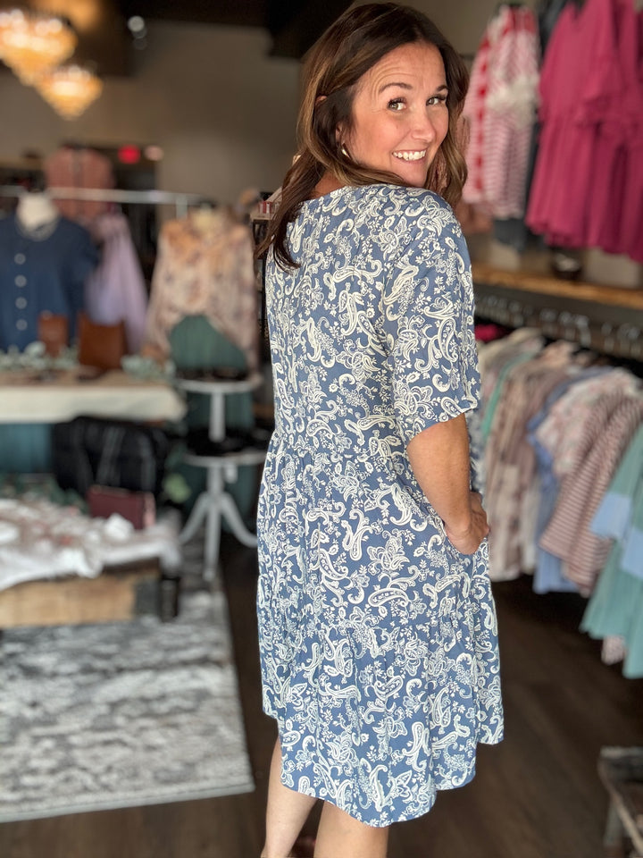 Blue Paisley Print Dolman Sleeve Dress