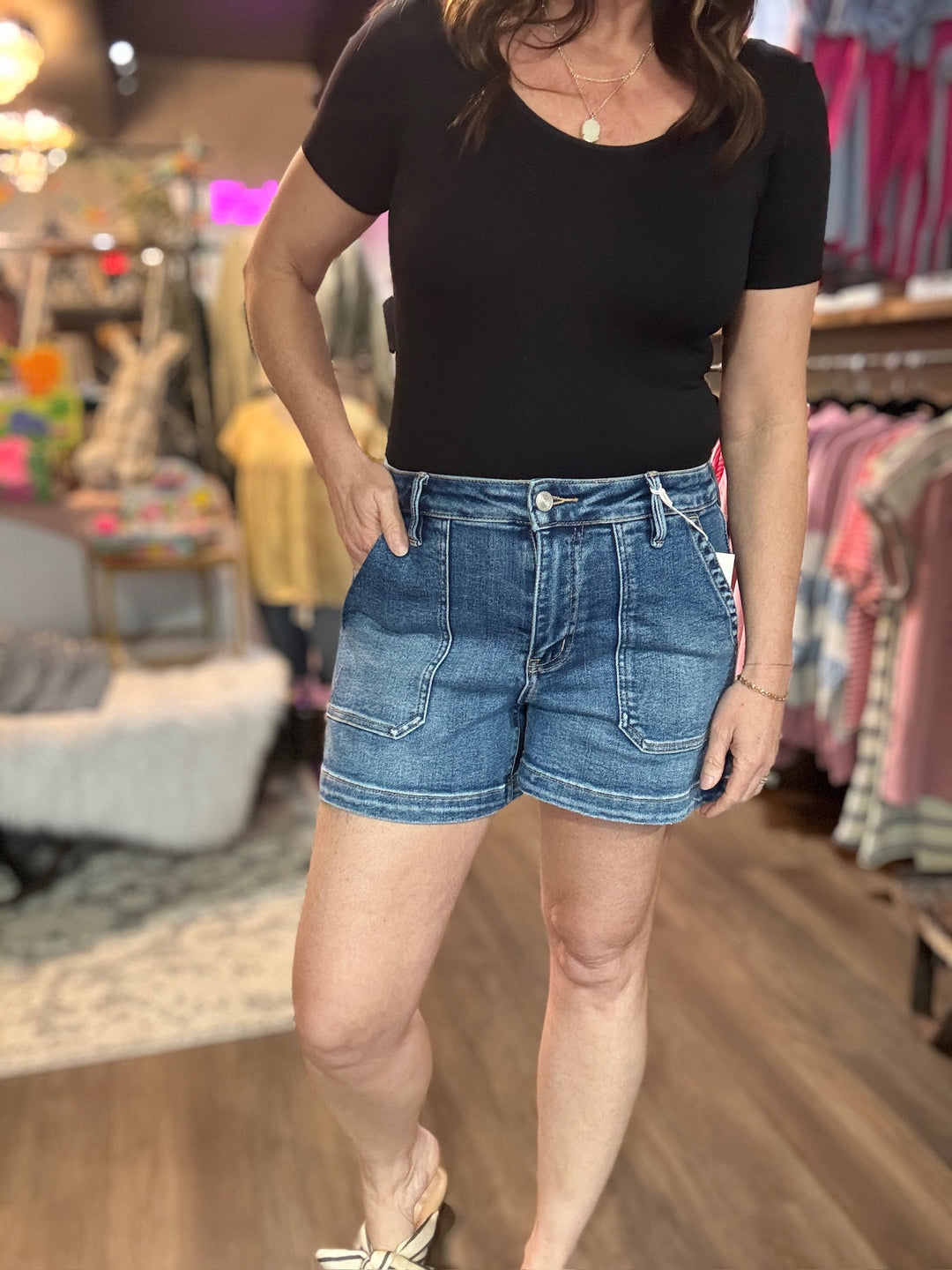 Lovervet High Rise Patch Pocket Denim Shorts