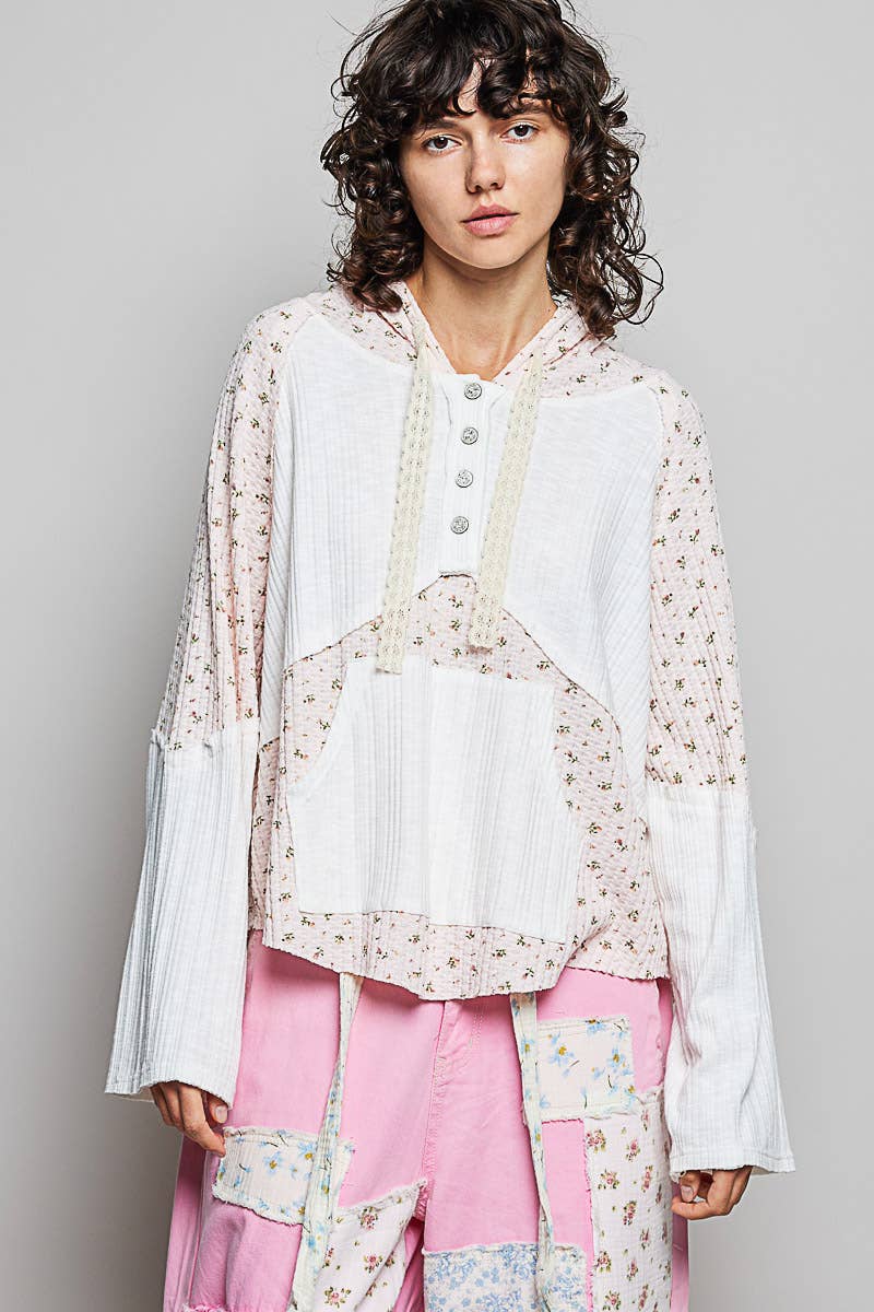 Mixed-Fabric Feminine Look Floral Lace Trim Long Sleeve