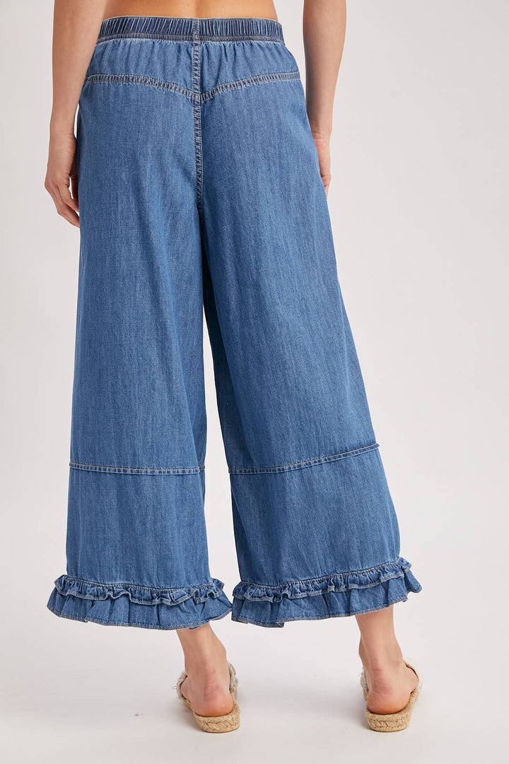 DENIM WIDE-LEG RUFFLED HEM BLOOMER JEANS