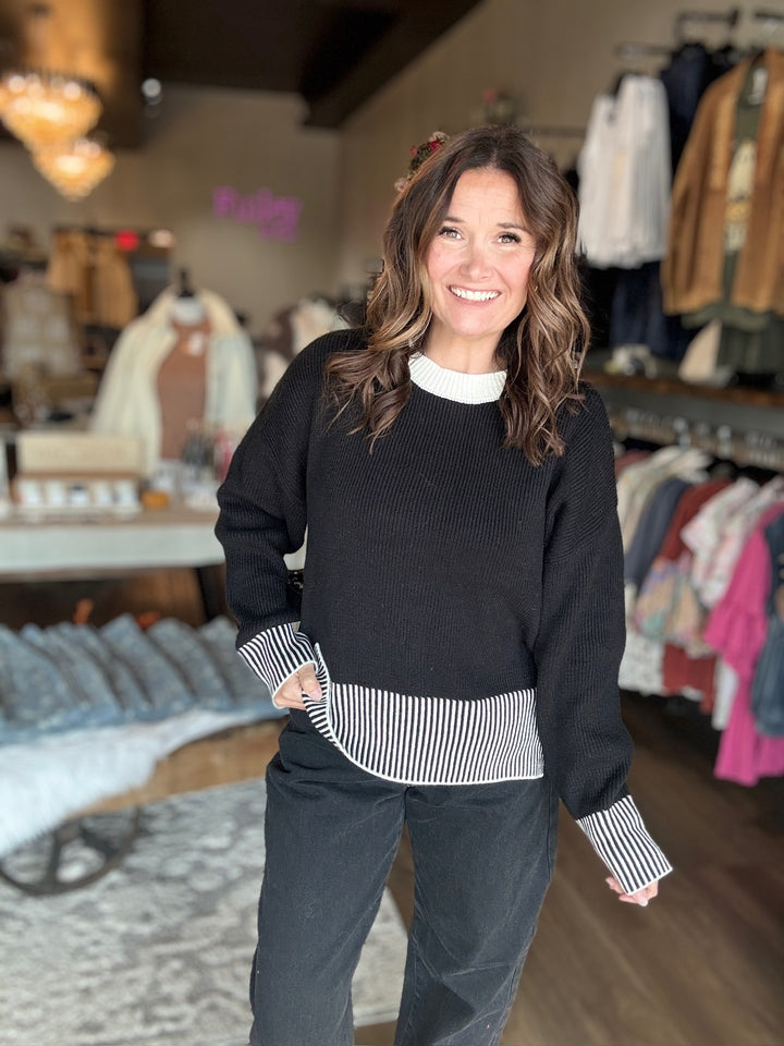 Black Contrast Stripe Hem Sweater