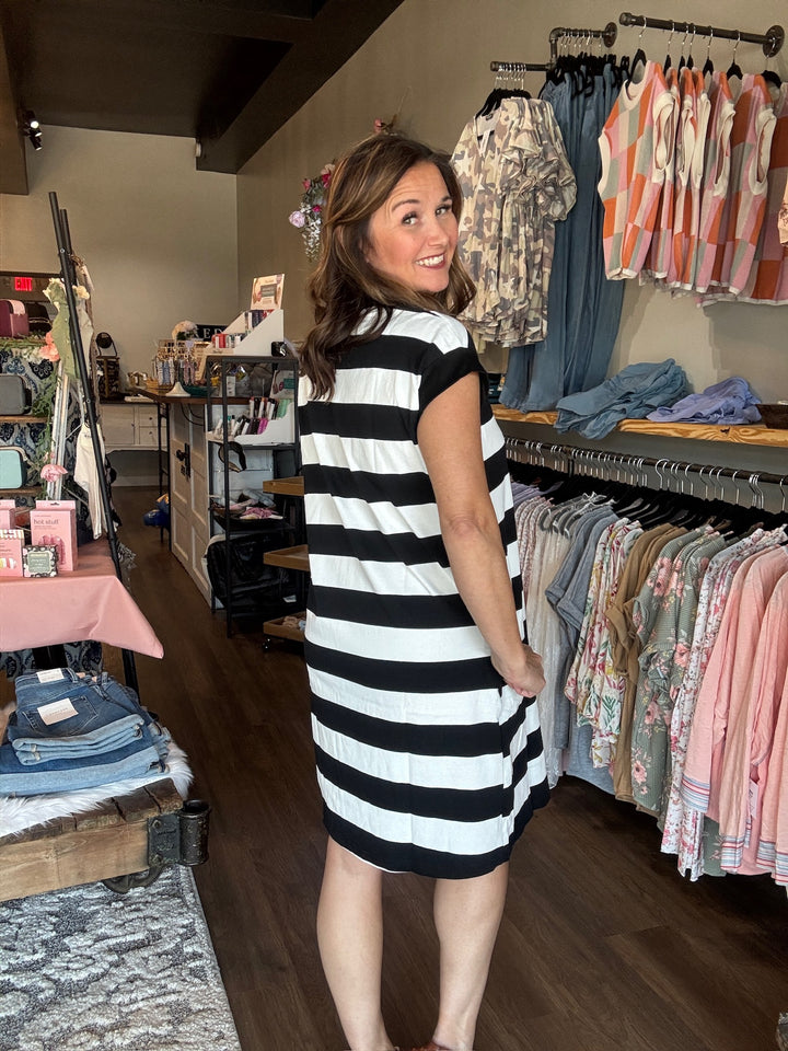 Basic Bae Full Size Striped Round Neck Cap Sleeve Mini Dress