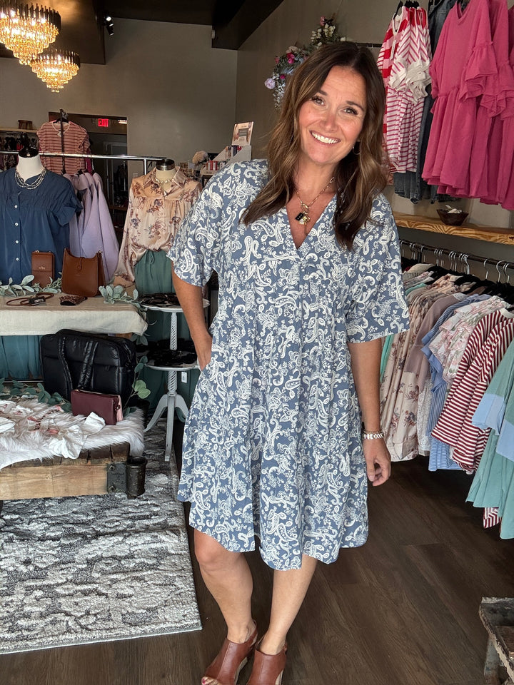 Blue Paisley Print Dolman Sleeve Dress