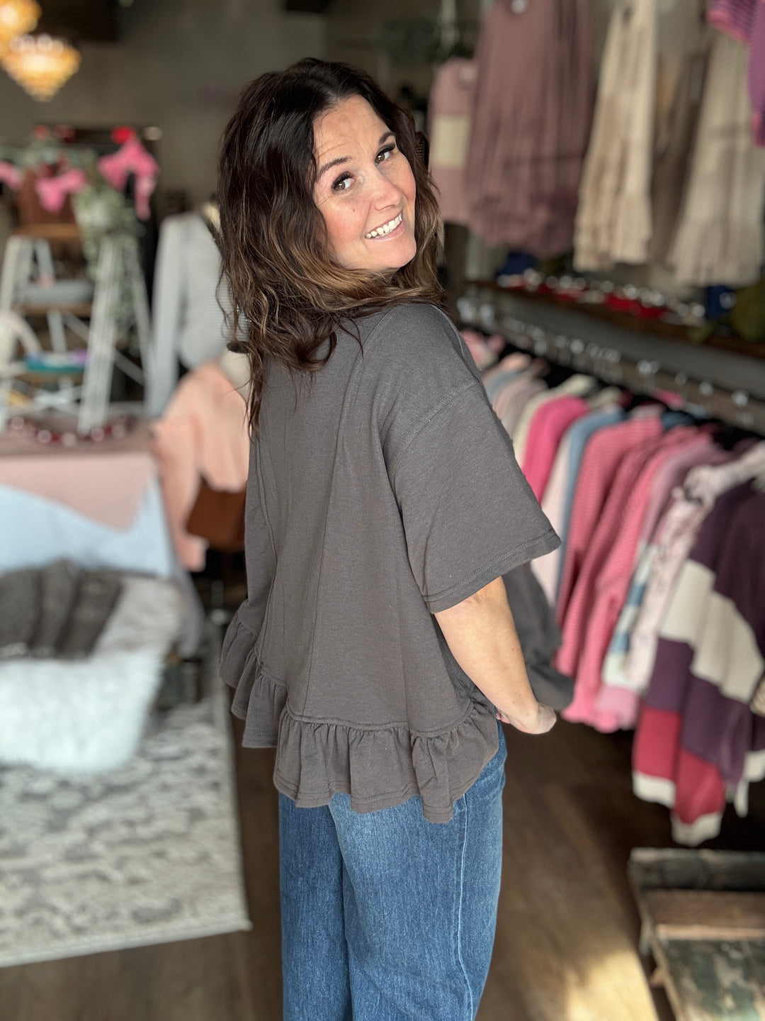 Grey Ruffled Knit Tee