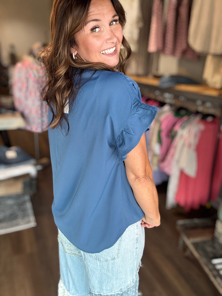 Blue Ruched Button Up Blouse