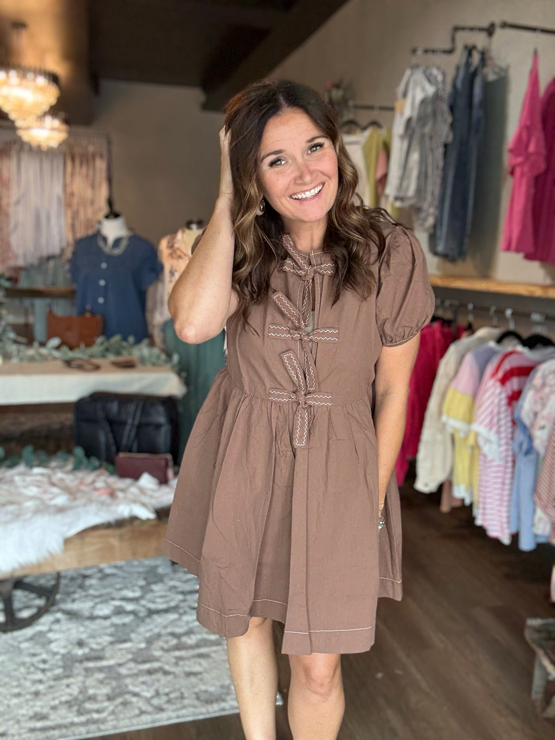 Brown Front Tie Babydoll Dress