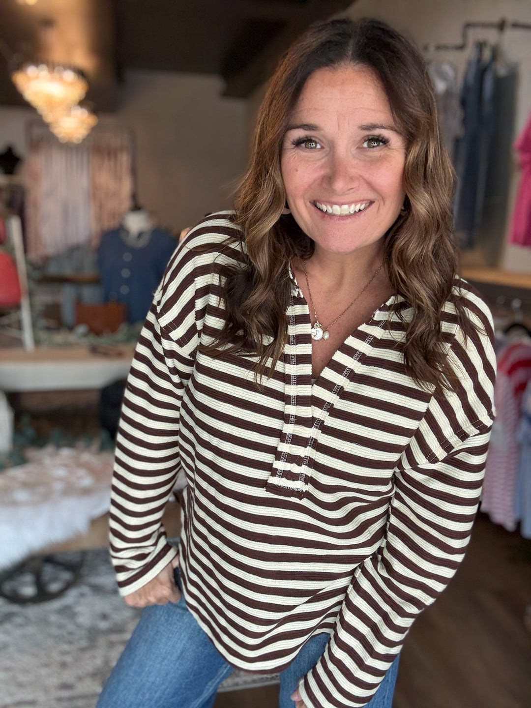 Striped Textured Split Neck Top