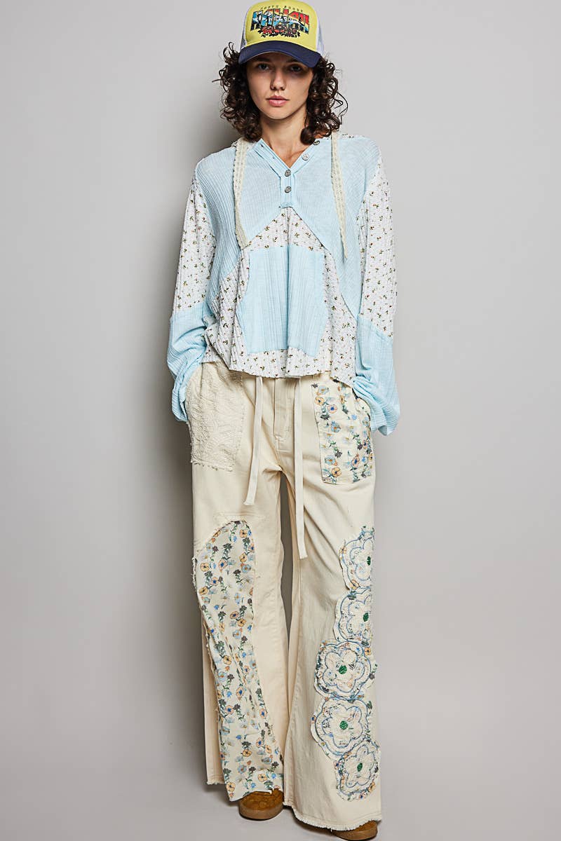 Mixed-Fabric Feminine Look Floral Lace Trim Long Sleeve