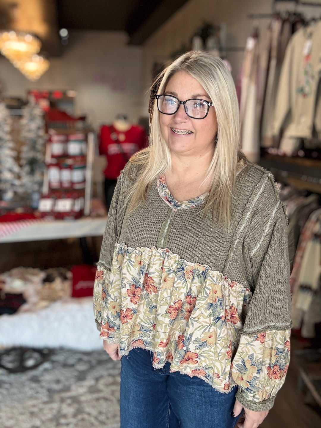 Green Knit Ruffle Floral Top