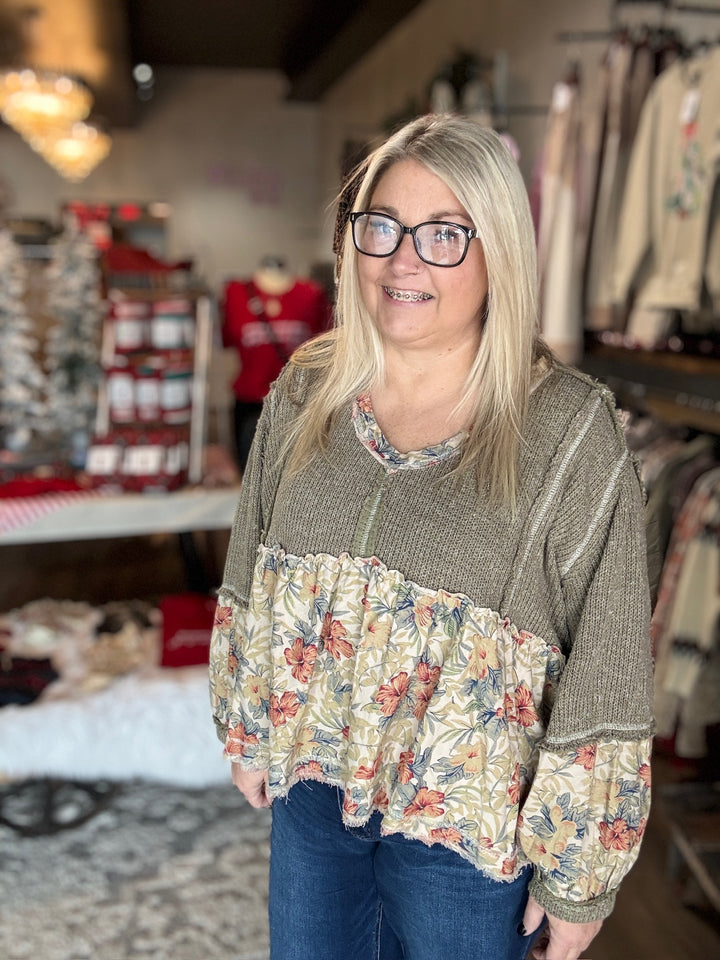 Green Knit Ruffle Floral Top