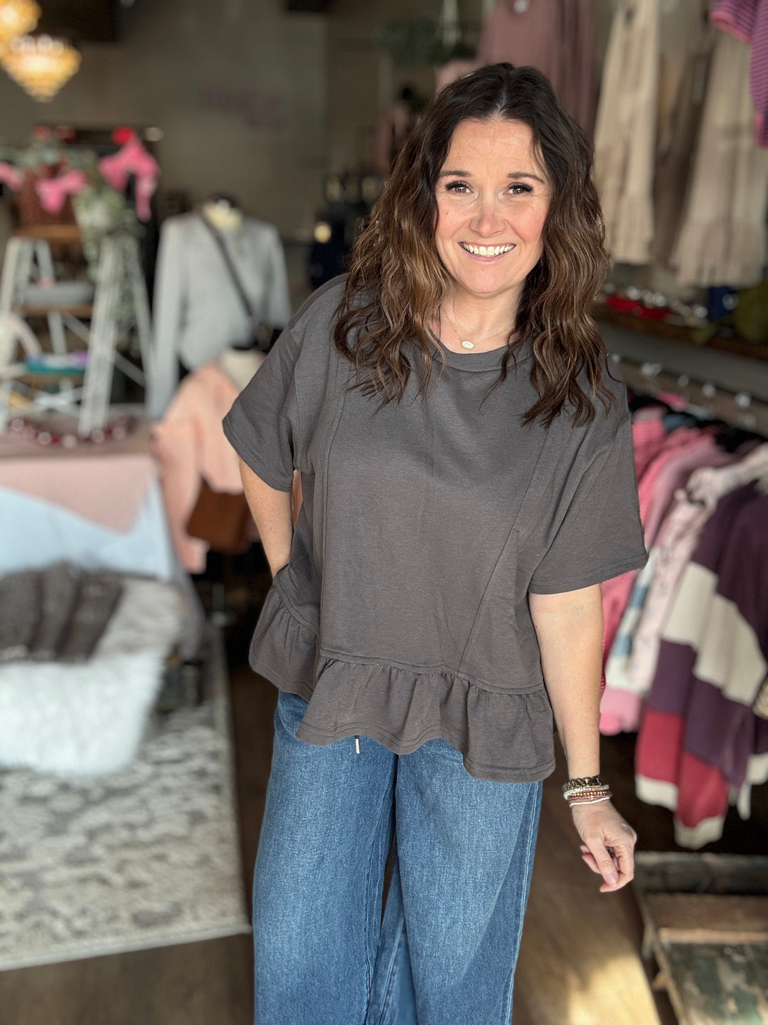 Grey Ruffled Knit Tee