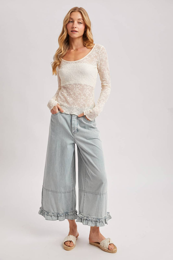 DENIM WIDE-LEG RUFFLED HEM BLOOMER JEANS