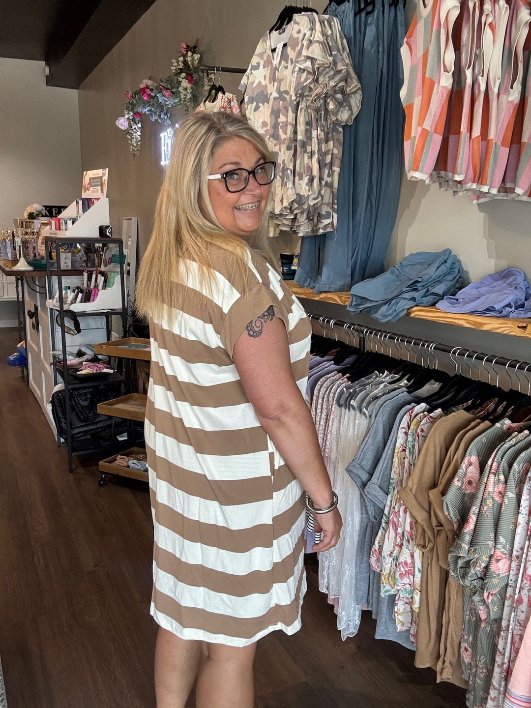 Basic Bae Full Size Striped Round Neck Cap Sleeve Mini Dress