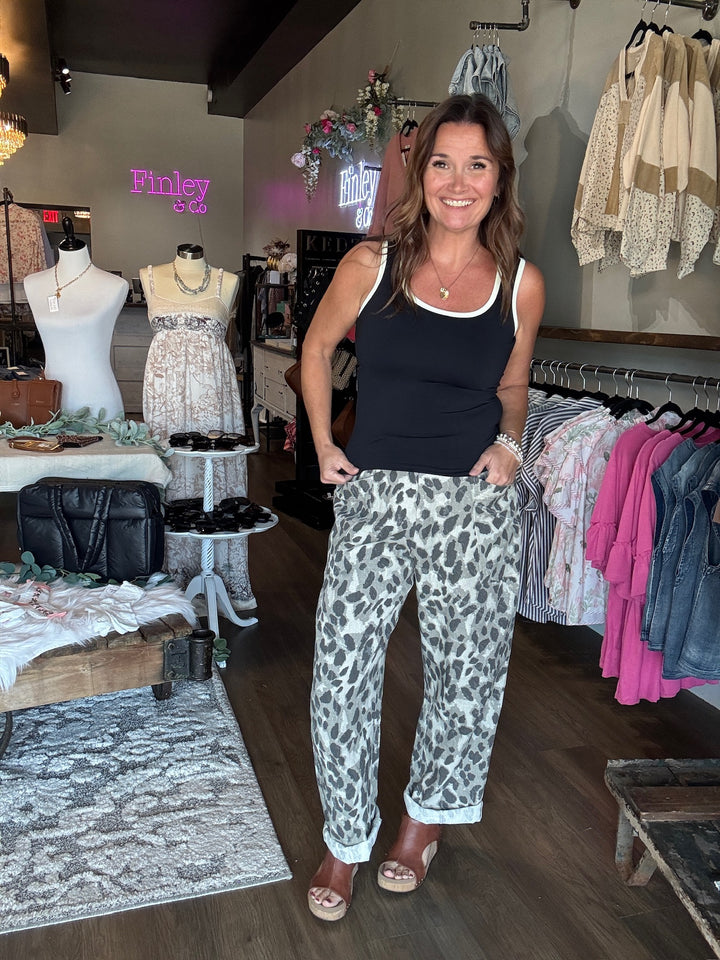 Leopard Print Denim Straight Pants