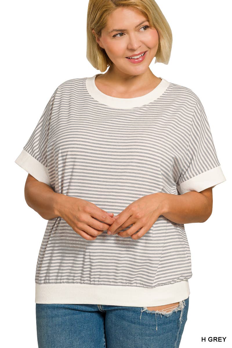 Plus Stripe Contrast Trim Banded Bottom Top