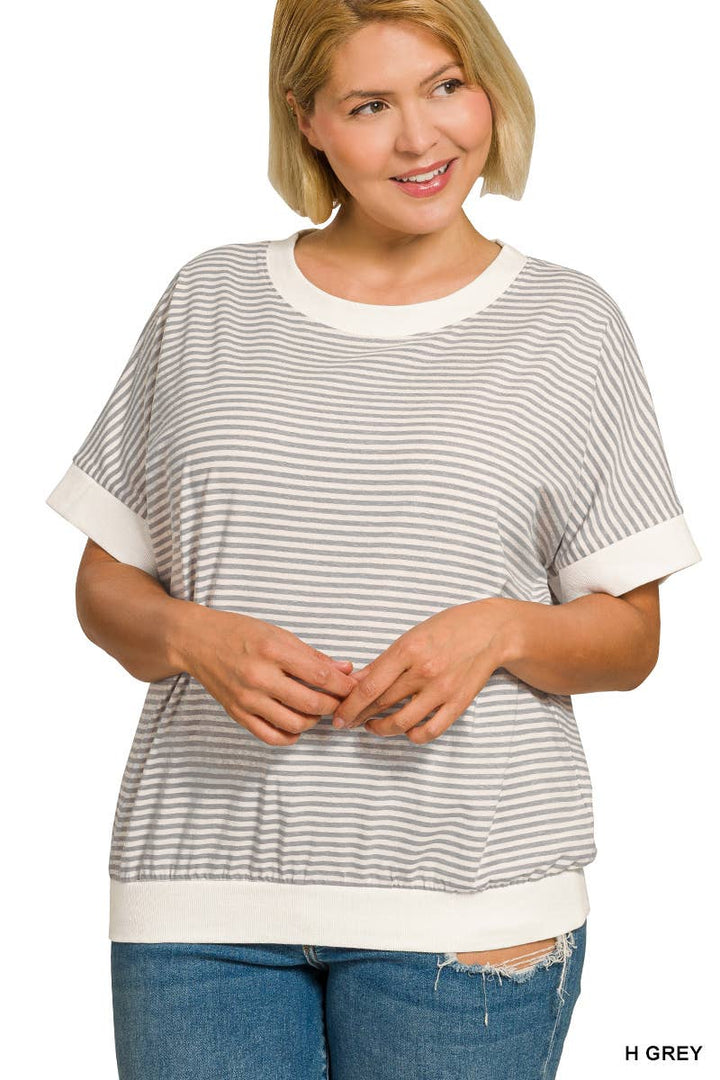 Plus Stripe Contrast Trim Banded Bottom Top