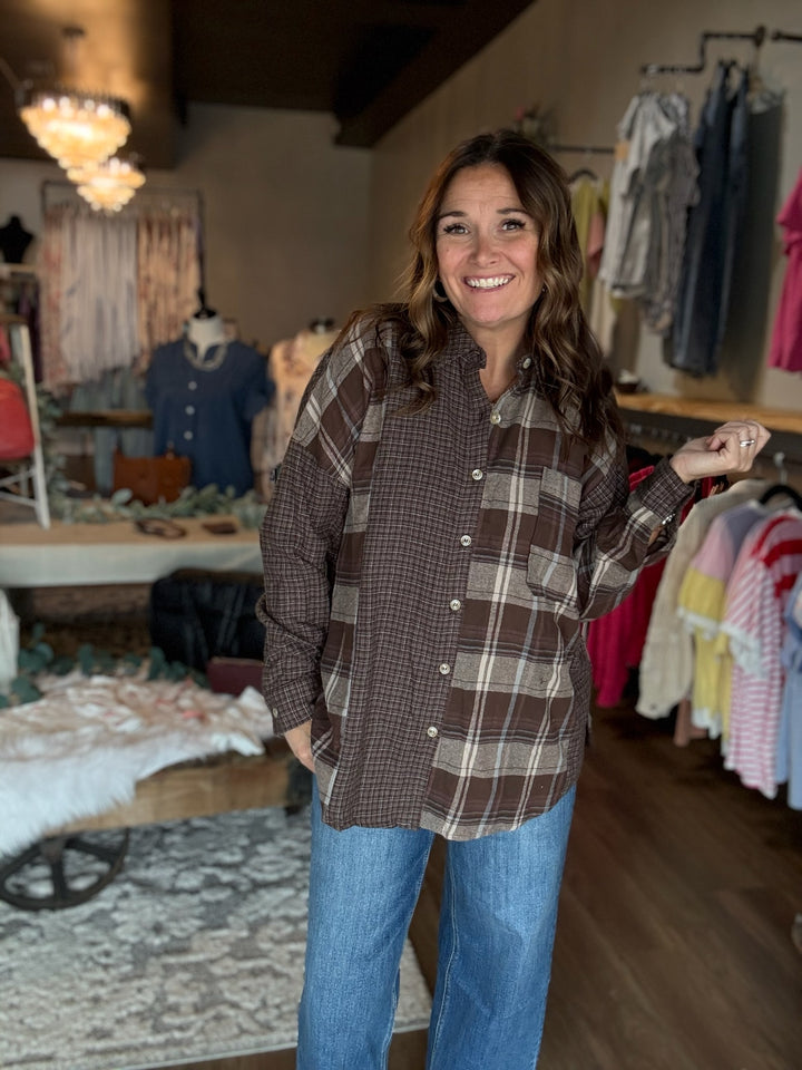 Colorblock Brown Plaid Button Up
