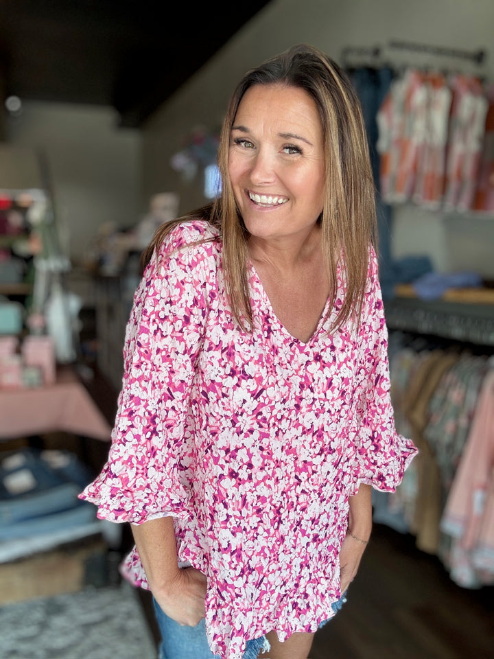 Pink Floral Ruffle Hem Top