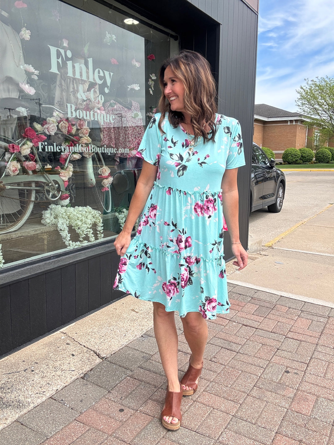 Blue Floral Tiered Dress