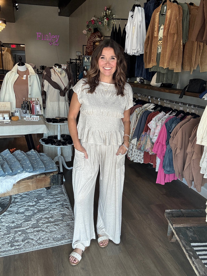 Knit Smocked Top and Wide Leg Pant Set