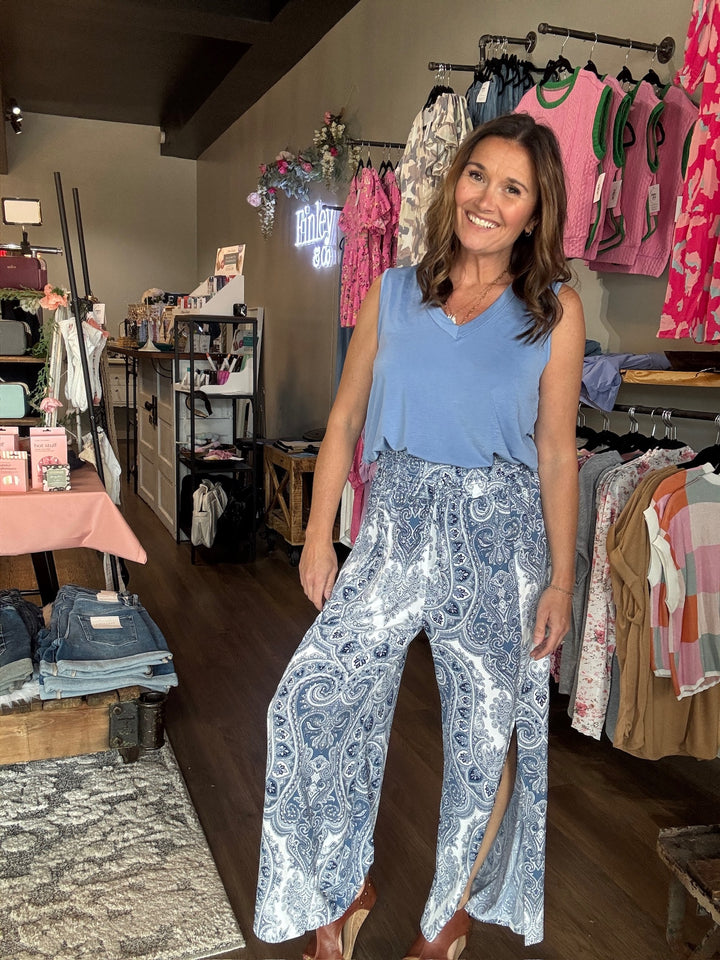 Printed Side Slit Wide Leg Pants