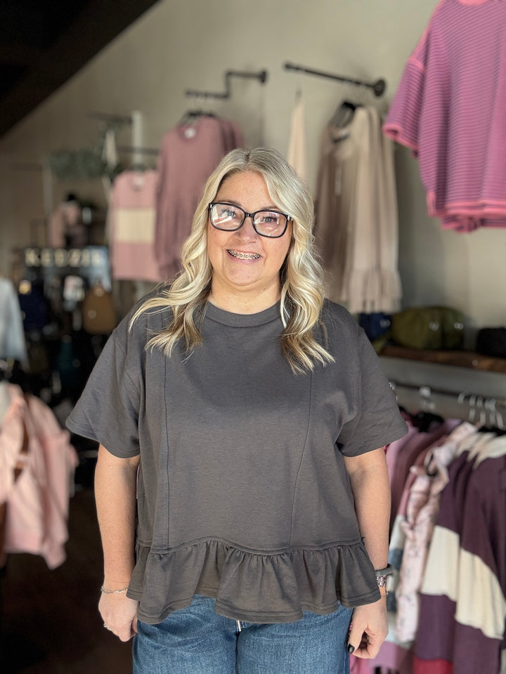 Grey Ruffled Knit Tee