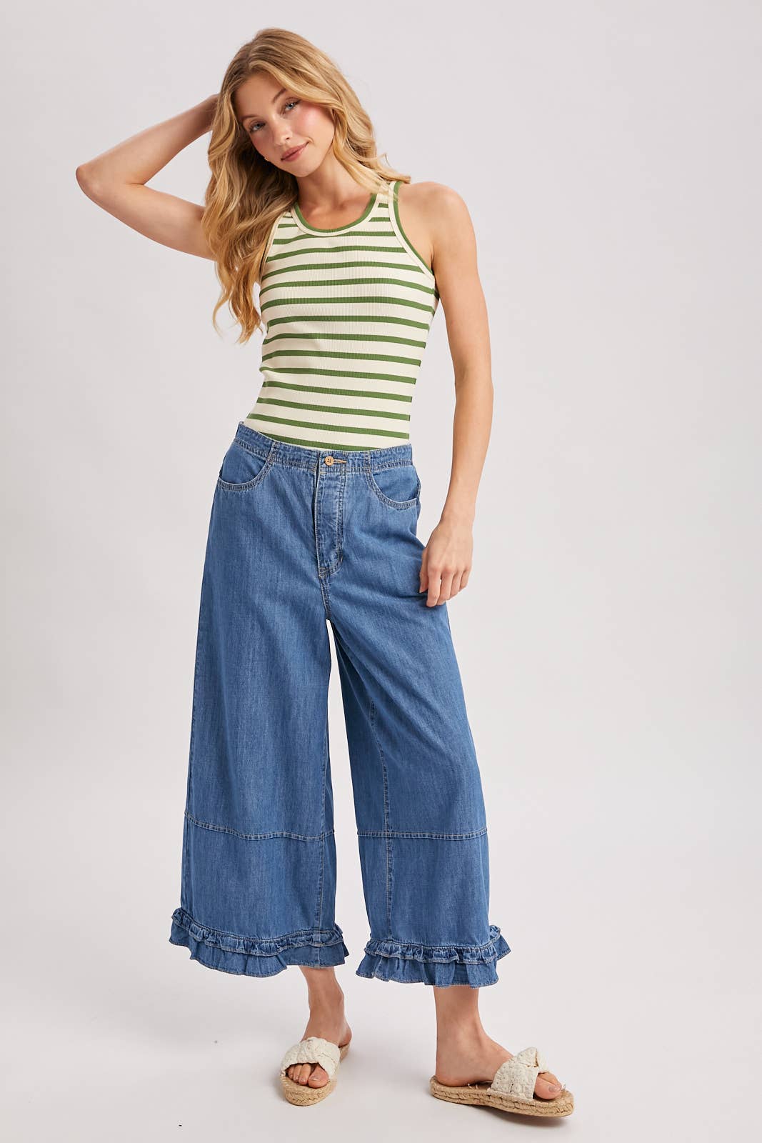 DENIM WIDE-LEG RUFFLED HEM BLOOMER JEANS