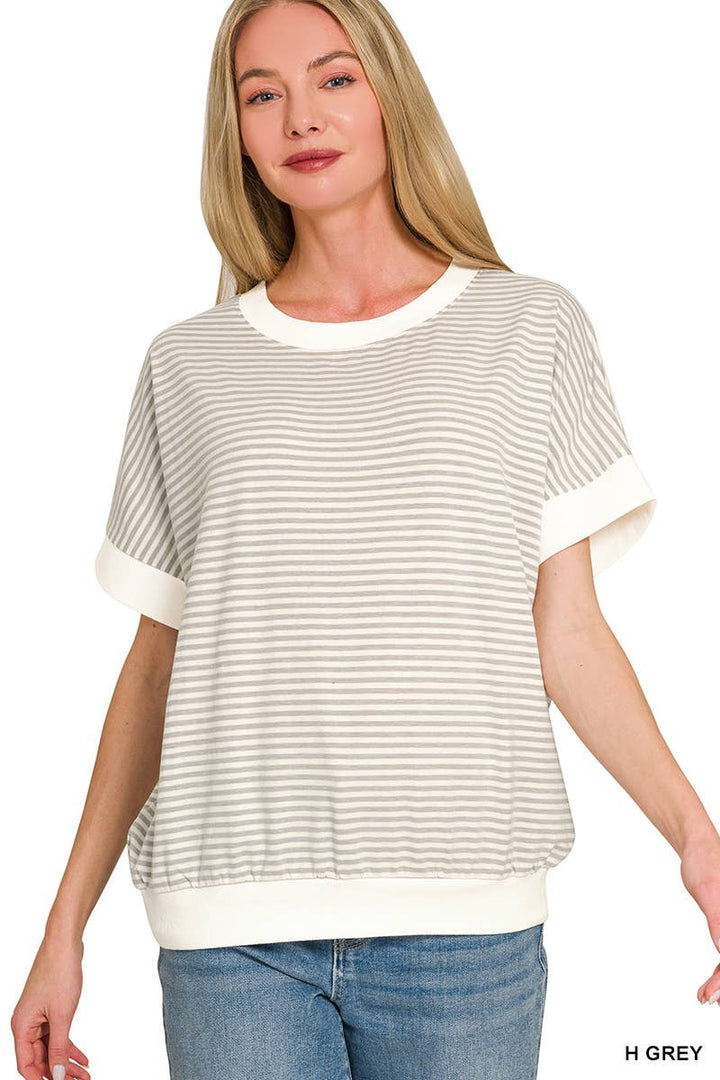 Stripe Contrast Trim Banded Bottom Top - Zenana