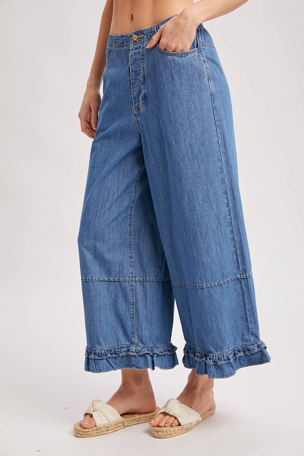 DENIM WIDE-LEG RUFFLED HEM BLOOMER JEANS