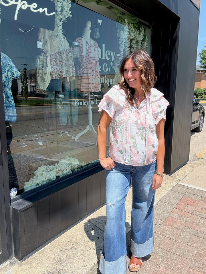 Pink Floral Striped Contrast Blouse