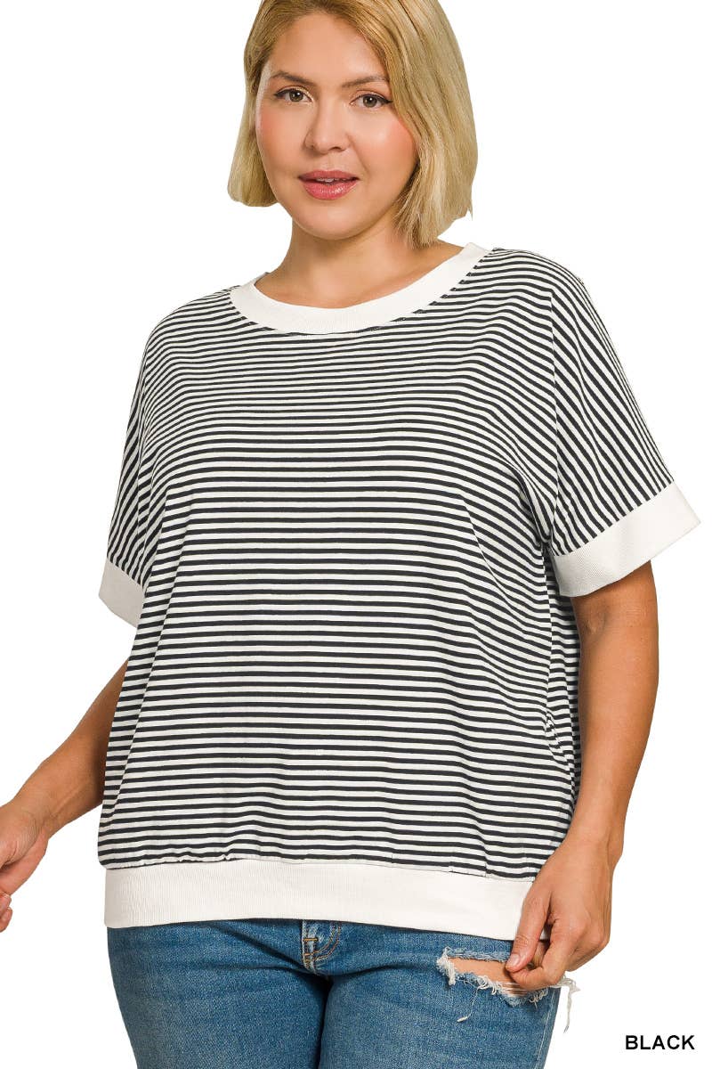 Plus Stripe Contrast Trim Banded Bottom Top