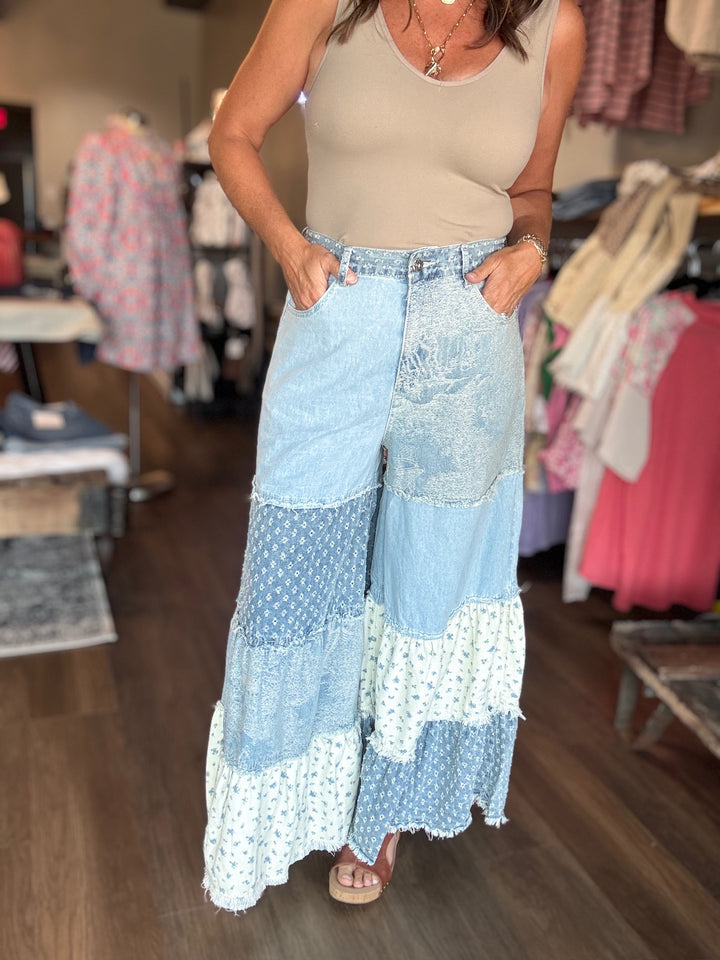 Wide Leg Denim Patchwork Pants