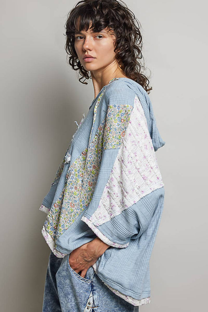 Long Sleeve Lace Contrast Floral Star Patch Knit Top SALE