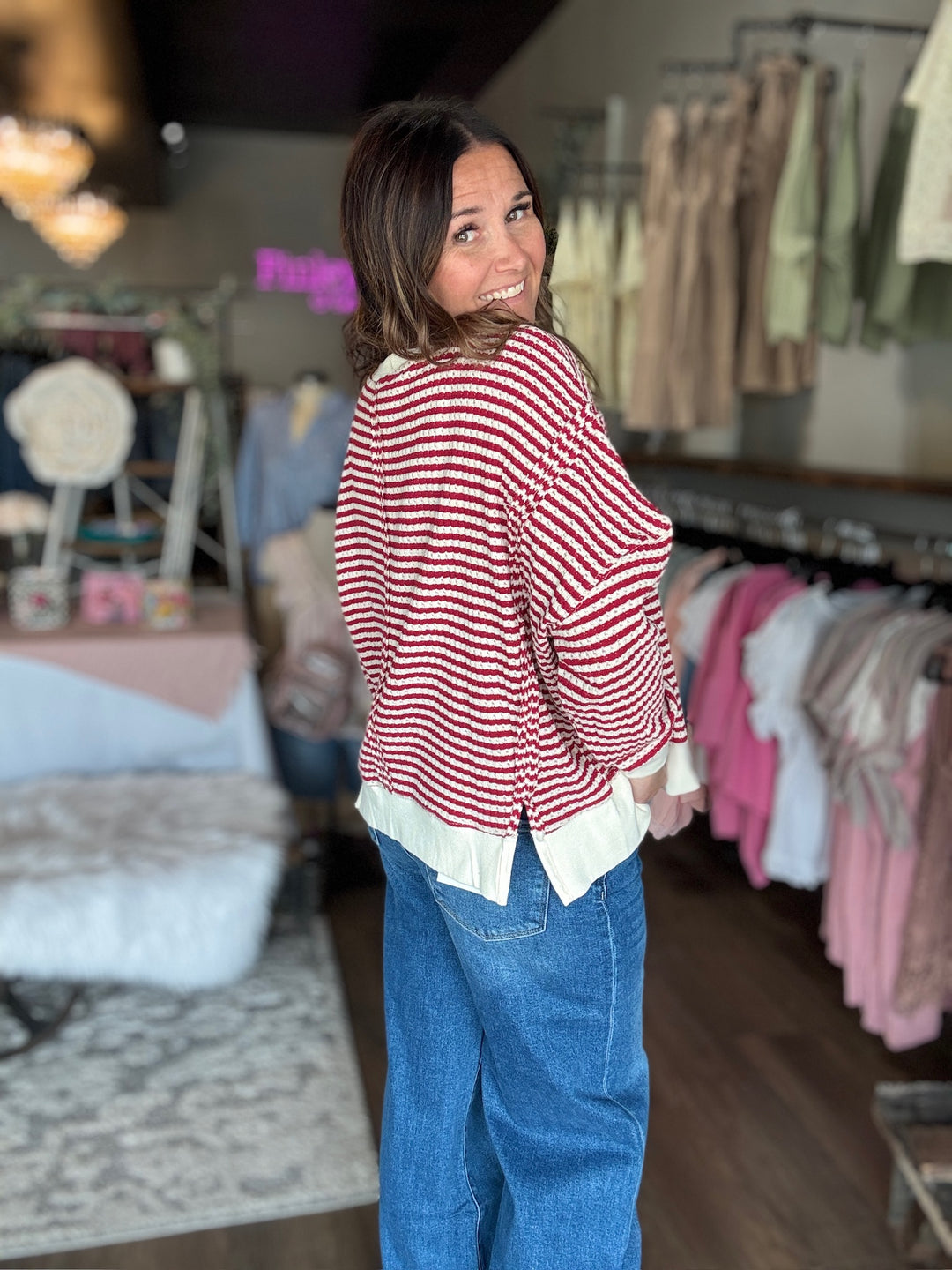Red, White & Cute Striped Crewneck