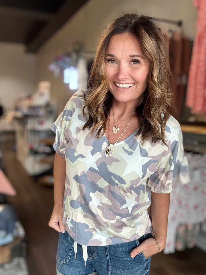 Camo Ruffle Sleeve Tee