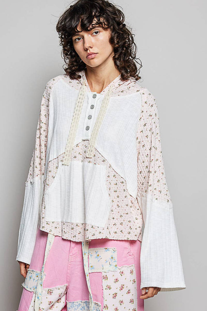 Mixed-Fabric Feminine Look Floral Lace Trim Long Sleeve