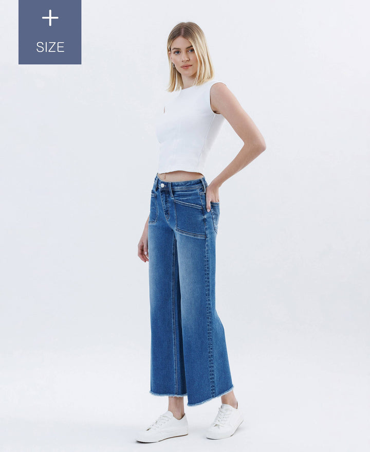 PLUS SIZE HIGH RISE RAW HEM ANKLE WIDE LEG JEANS LV1683-P